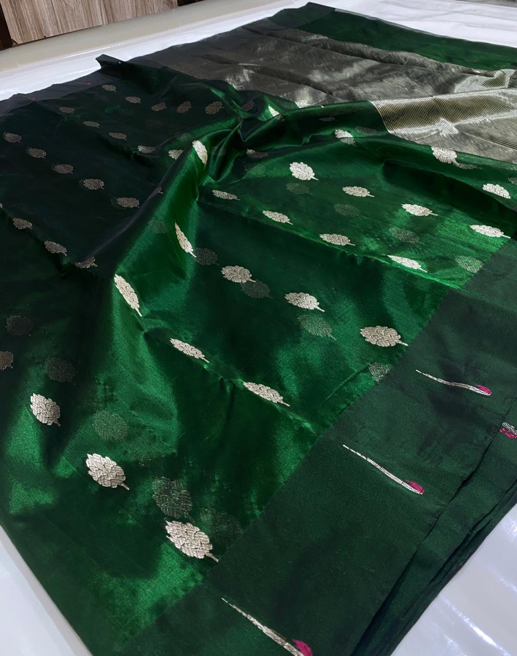 Premium Emerald Green Tissue Silk Chanderi Saree with Zari Zari Buti Work