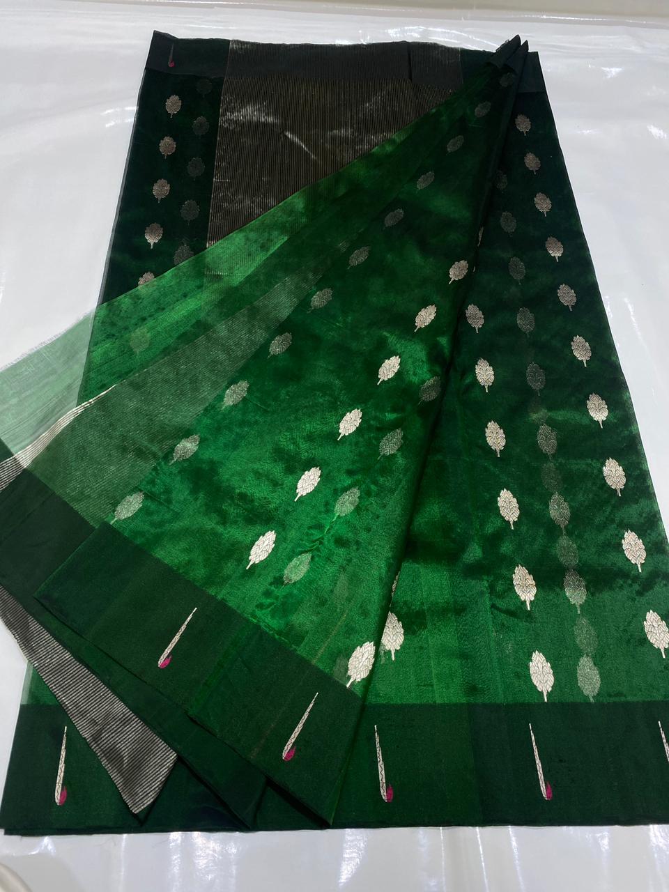 Premium Emerald Green Tissue Silk Chanderi Saree with Zari Zari Buti Work