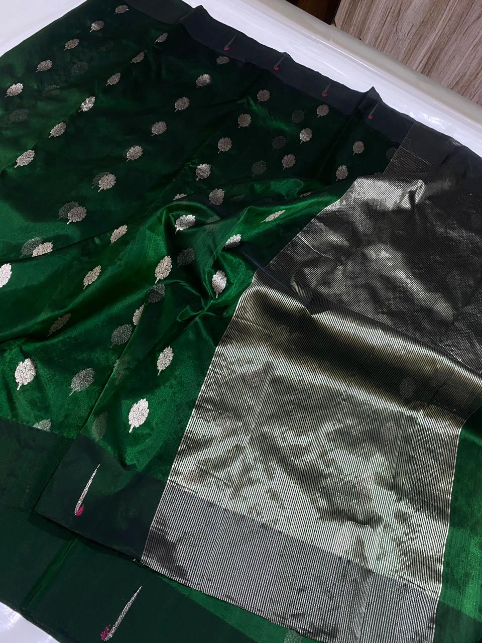 Premium Emerald Green Tissue Silk Chanderi Saree with Zari Zari Buti Work