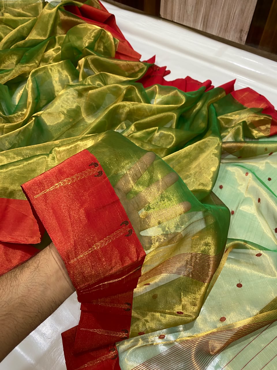 Olive Green & Red Tissue Silk Chanderi Saree with Contrast Zari Border