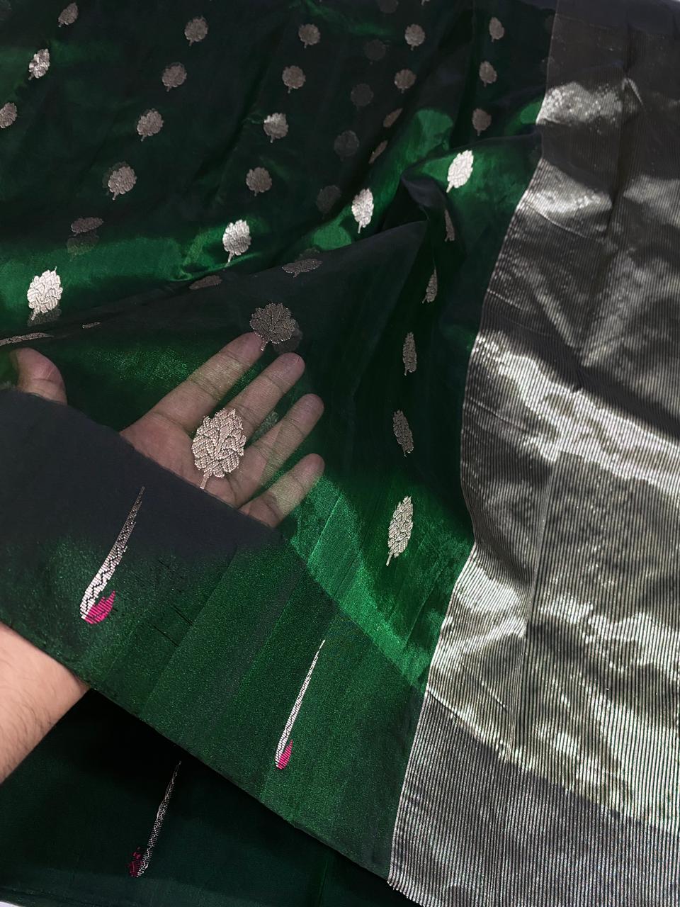 Premium Emerald Green Tissue Silk Chanderi Saree with Zari Zari Buti Work