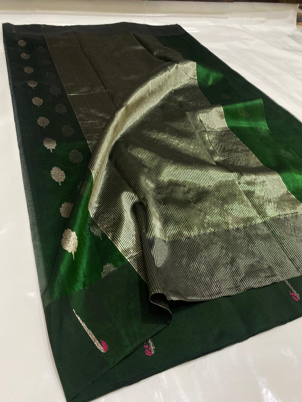 Premium Emerald Green Tissue Silk Chanderi Saree with Zari Zari Buti Work