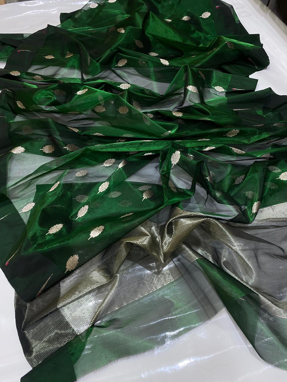 Premium Emerald Green Tissue Silk Chanderi Saree with Zari Zari Buti Work