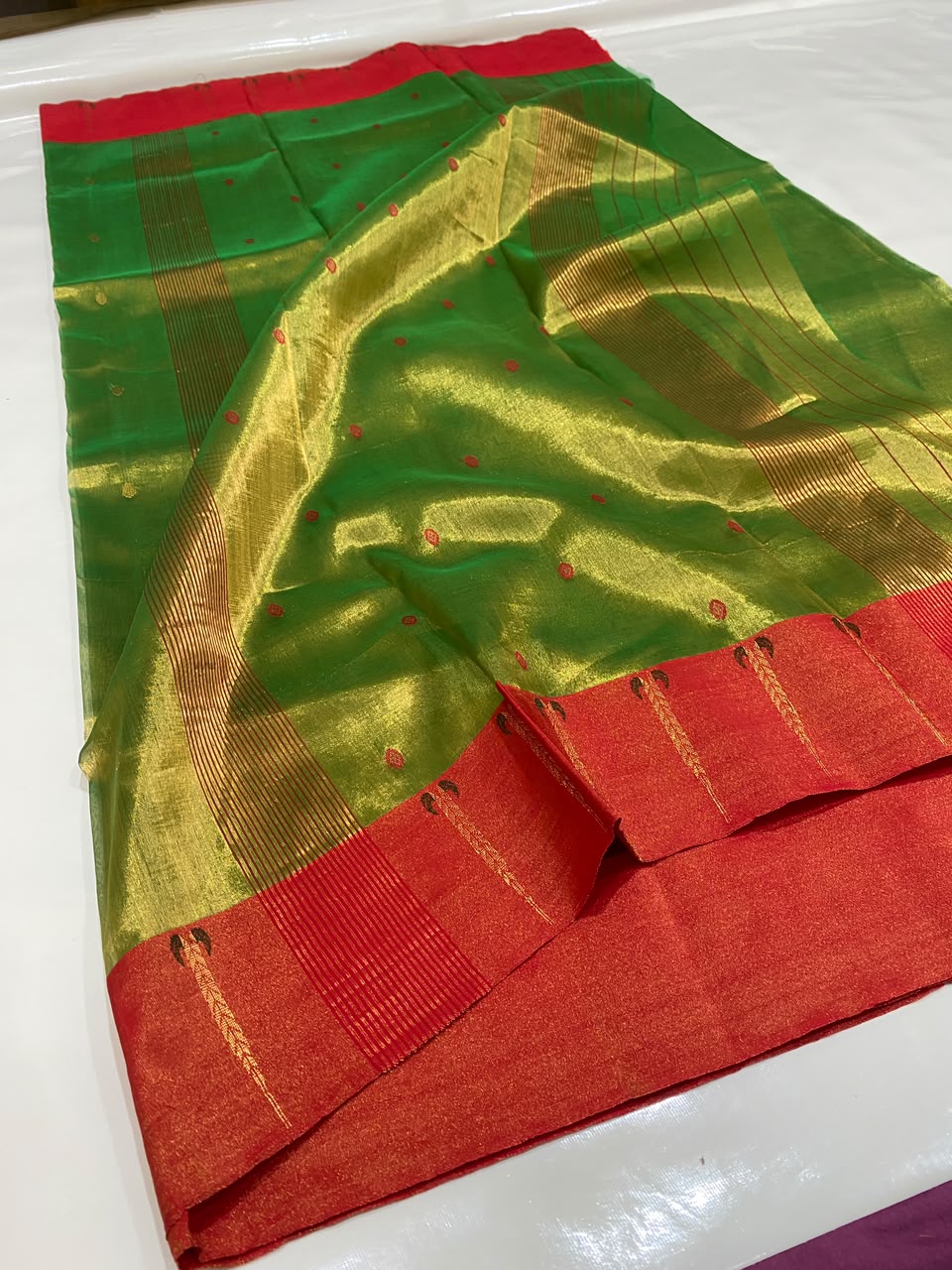 Olive Green & Red Tissue Silk Chanderi Saree with Contrast Zari Border