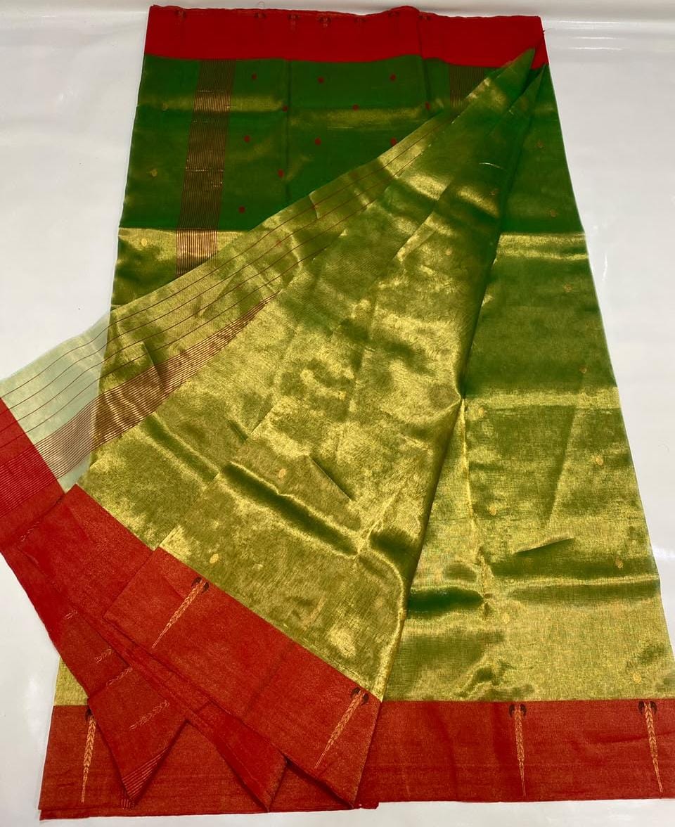 Olive Green & Red Tissue Silk Chanderi Saree with Contrast Zari Border