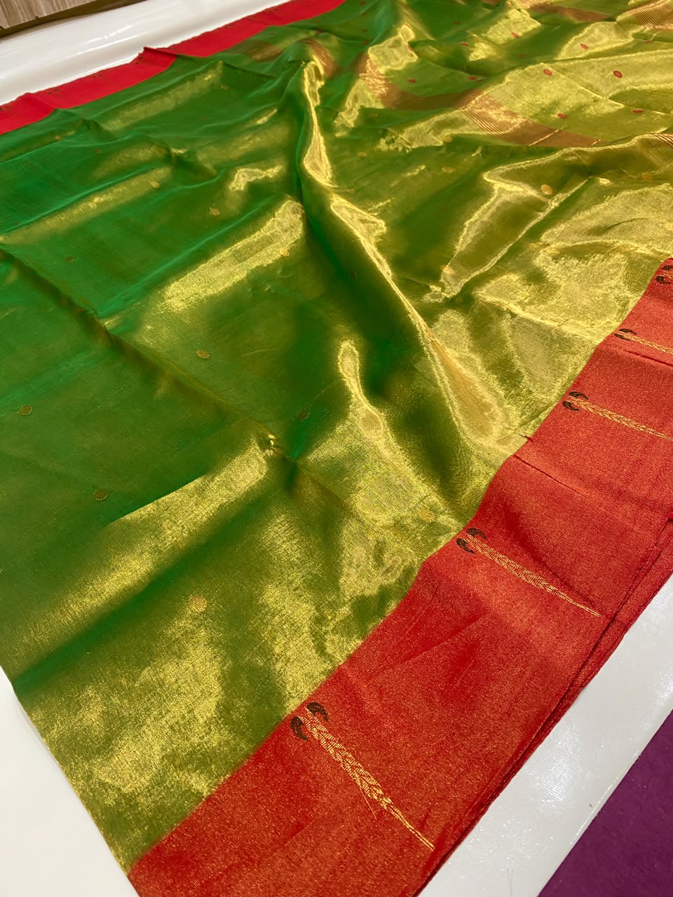 Olive Green & Red Tissue Silk Chanderi Saree with Contrast Zari Border