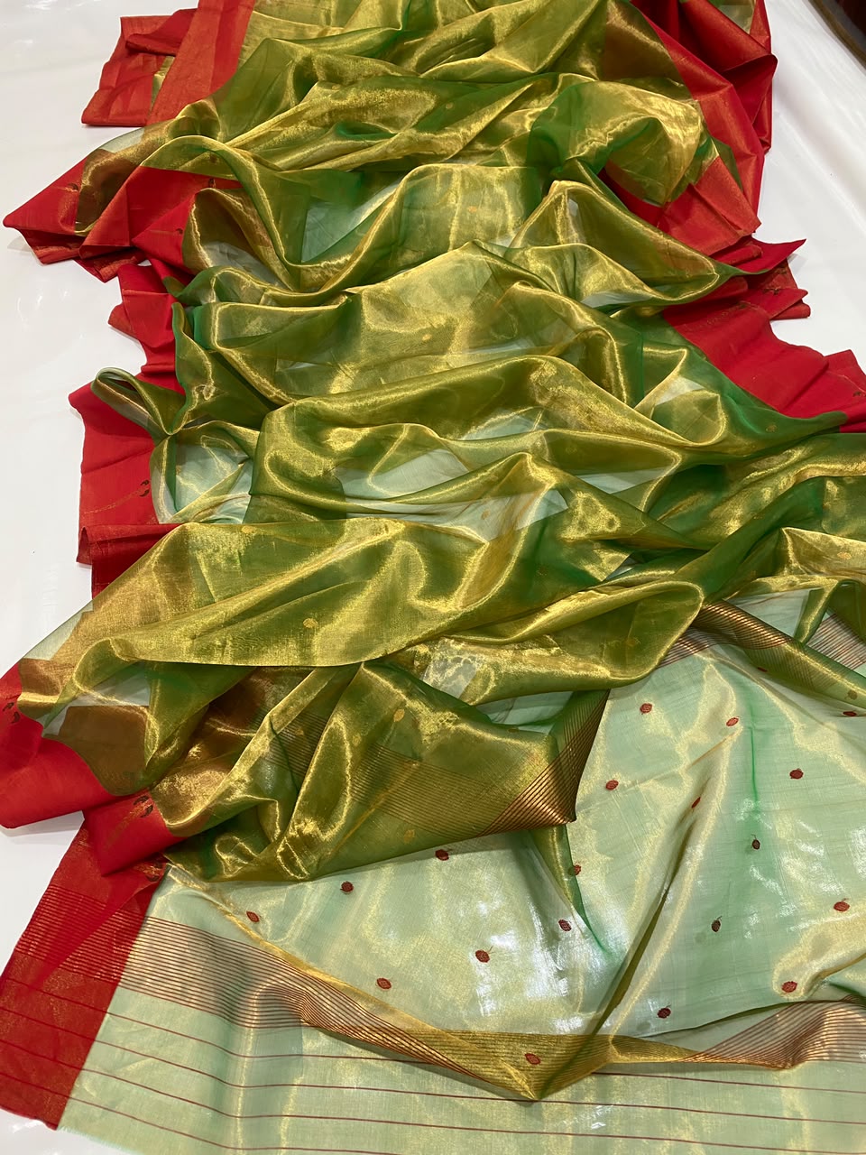 Olive Green & Red Tissue Silk Chanderi Saree with Contrast Zari Border