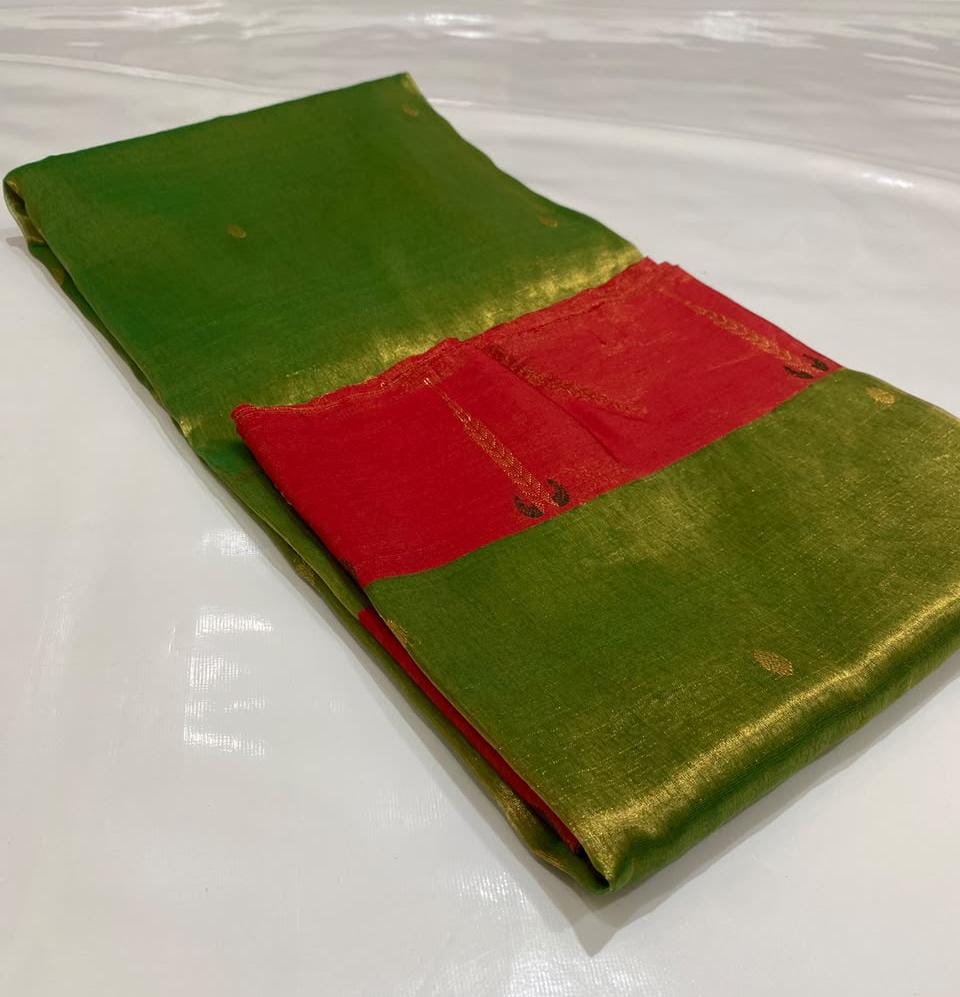 Olive Green & Red Tissue Silk Chanderi Saree with Contrast Zari Border