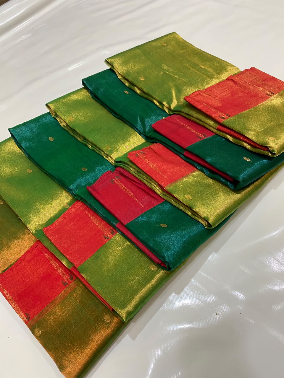 Olive Green & Red Tissue Silk Chanderi Saree with Contrast Zari Border