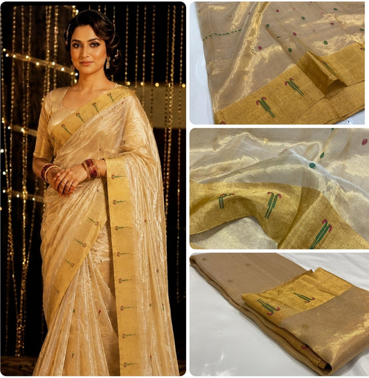 Tissue Silk Saree in Champagne Gold with Zari Border & Woven Motifs