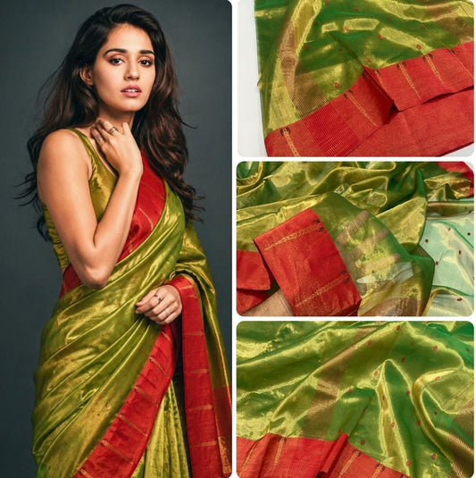 Olive Green & Red Tissue Silk Chanderi Saree with Contrast Zari Border