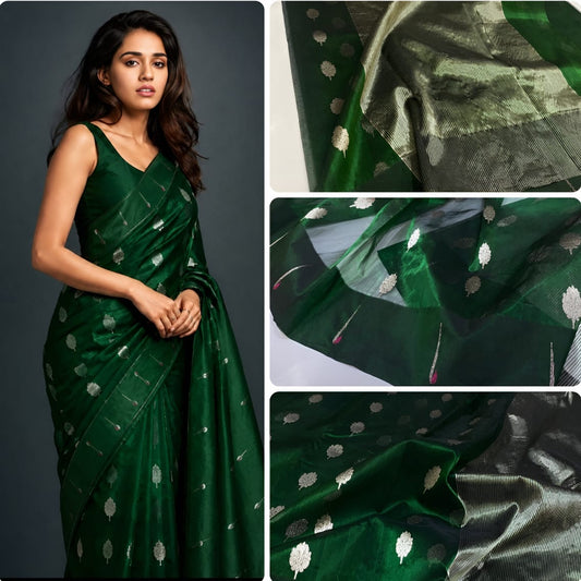 Premium Emerald Green Tissue Silk Chanderi Saree with Zari Zari Buti Work