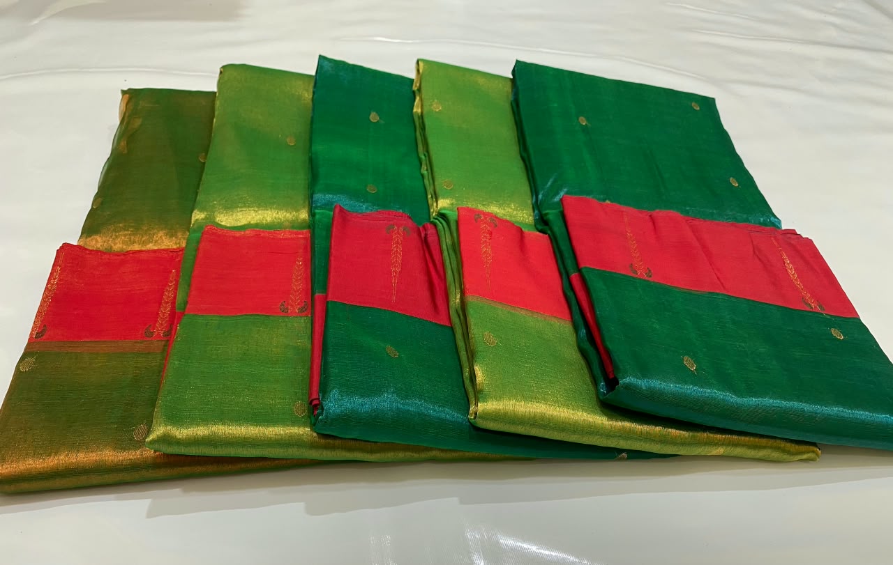 Zaree Weaving Muniya Border Chanderi Silk Saree | Green & Red