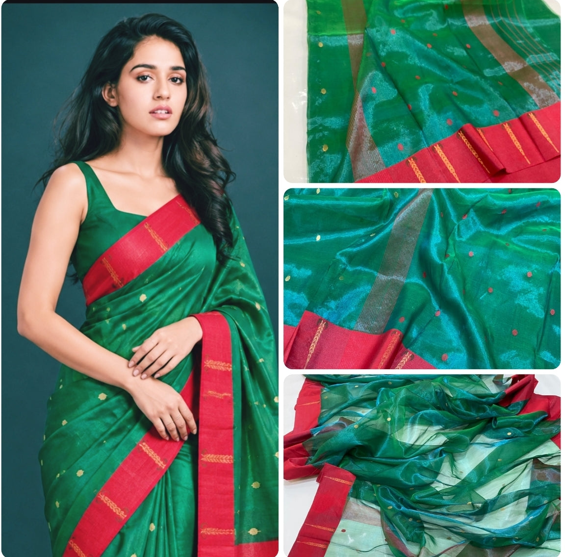 Zaree Weaving Muniya Border Chanderi Silk Saree | Green & Red